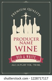 Vector label for red and white wine with the silhouette of a still life from wine bottles and glasses in retro style on the dark background.