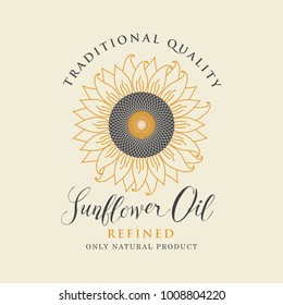 Vector label for refined sunflower oil with sunflower and handwritten inscription on a light background