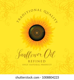 Vector label for refined sunflower oil with sunflower and handwritten inscription on yellow background with curls