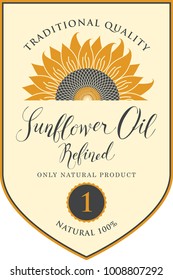 Vector label for refined sunflower oil with sunflower and handwritten inscription on light background