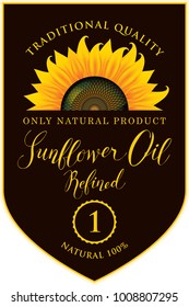 Vector label for refined sunflower oil with sunflower and handwritten inscription on black background