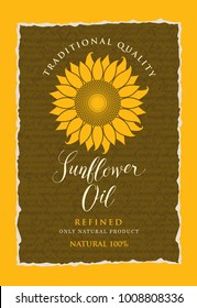 Vector label for refined sunflower oil with sunflower and a handwritten inscription on the background of the manuscript with ragged edges