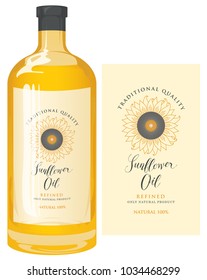 Vector label for refined sunflower oil with sunflower and calligraphic handwritten inscription. Template label for sunflower oil on glass bottle in retro style.