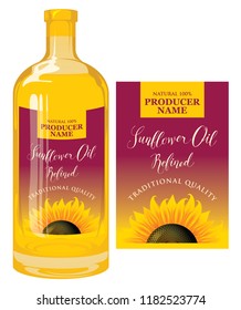 Vector label for refined sunflower oil with sunflower and calligraphic handwritten inscription on red gradient background. Template label for sunflower oil on glass bottle in retro style.