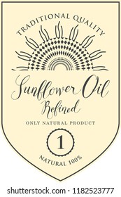 Vector label for refined sunflower oil with schematic drawing of sunflower and handwritten inscription on light background