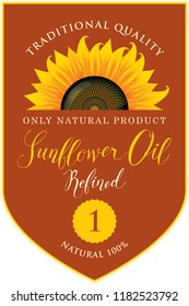 Vector label for refined sunflower oil with sunflower and handwritten inscription on brown background