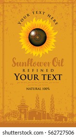 vector label for refined sunflower oil with sunflower with a picture of rural landscape