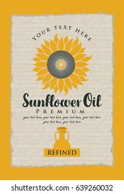 vector label for refined sunflower oil with a jug, sunflower and the inscription on the background texture with handwriting