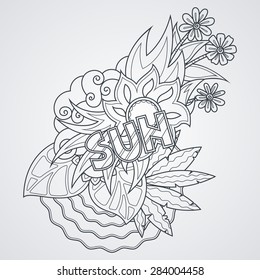 Vector label with sea, sun, leaves and flowers. Sunny, summer character. Print.