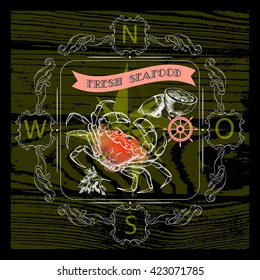 Vector  label with seafood crab silhouette, nautical accessory and words Fresh Seafood on dark background.