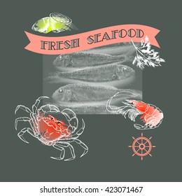 Vector  label with seafood silhouette crab, shrimp, fish, lemon and dill on dark background.