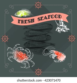 Vector  label with seafood silhouette crab, shrimp, fish, lemon and dill on dark background.