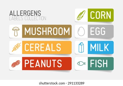 Vector label set for allergens (milk, fish, egg, gluten, wheat, nut, lactose, corn, mushroom) - color version
