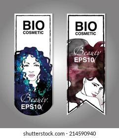 Vector label set. Girl with long hair