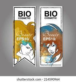 Vector label set. Girl with long hair