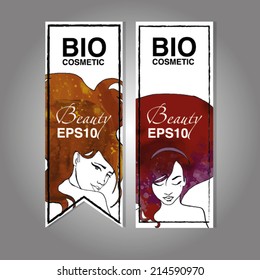 Vector label set. Girl with long hair