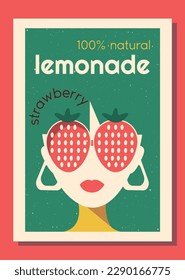 Vector label set for lemonade in retro style.  Label design for strawberry, lemon and orange lemonade with characters wearing big glasses in 70's style groovy