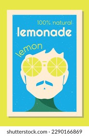 Vector label set for lemonade in retro style.  Label design for strawberry, lemon and orange lemonade with characters wearing big glasses in 70's style groovy