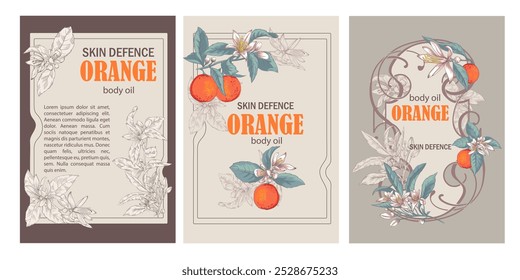 Vector label set for orange body oil. Stylish illustrations of oranges, flowers, and leaves, perfect for natural skincare and cosmetic packaging