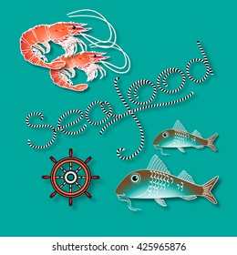 Vector  label with  shrimp, fish, nautical accessory and word  Seafood on aquamarine background.