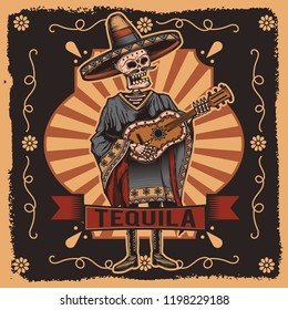 Vector label with a skeleton with a guitar in his hands. Tequila