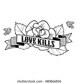 Vector label with skull, rose, birds, ribbon and the words Love kills . Web graphics, tattoo, advertisements, brochures, labels, stickers. Isolated on a white background
