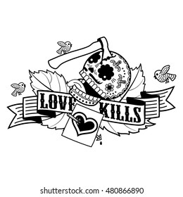 Vector label with skull, rose, birds, ribbon and the words Love kills . Web graphics, tattoo, advertisements, brochures, labels, stickers. Isolated on a white background