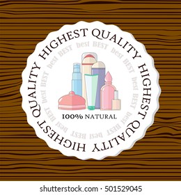 Vector label, sticker for cute cosmetic. Emblem, label, logo, badge for beauty and makeup cosmetics, eco products. Flat style, tender colors. Cute cosmetic bottles