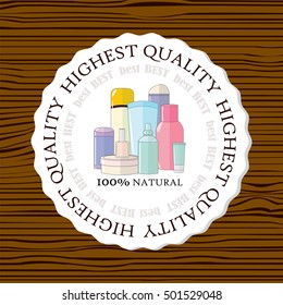 Vector label, sticker for cute cosmetic. Emblem, label, logo, badge for beauty and makeup cosmetics, eco products. Flat style, tender colors. Cute cosmetic bottles
