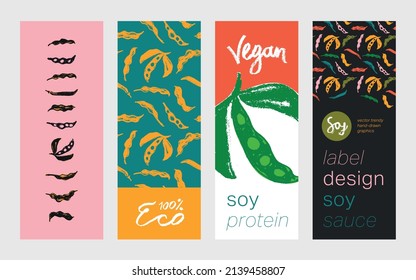 Vector label template with Soybean pattern seamless. Hand-drawn soy bean ornament for packaging for Soy vegetable oil, soy milk, tofu, vegan protein banner. Sport food concept. Soybeans background.