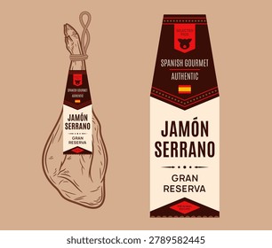 Vector label template for Spanish Jamon Serrano Gran Reserva, featuring a gourmet authentic design with the Spain flag, and pig icon. Includes a line art illustration of a dry-cured pork ham leg on a warm background