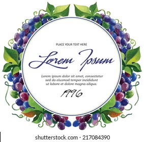 Vector label template for wine grape branches with watercolor
