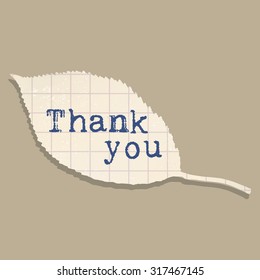 Vector label Thank you. Leaf from obsolete squared paper. Isolated on brown background. Use for antique, retro, vintage, old, rustic style too. Eps 10.