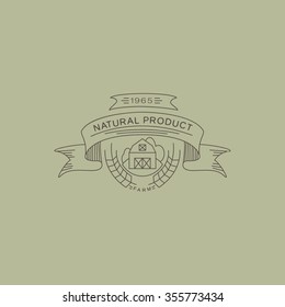 Vector label in trendy mono line style organic and natural badges for fresh farm products and food packaging of linear emblems and icons
