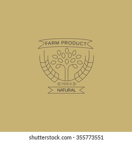 Vector label in trendy mono line style organic and natural badges for fresh farm products and food packaging of linear emblems and icons