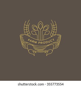 Vector label in trendy mono line style organic and natural badges for fresh farm products and food packaging of linear emblems and icons