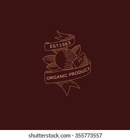 Etiqueta vectorial en el moderno estilo de línea mono distintivo orgánico y natural para productos frescos de granja y envasado de alimentos de emblemas e iconos lineales