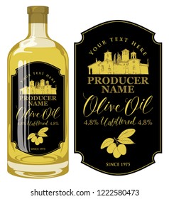 Vektorlabel für ungefiltertes Olivenöl mit kalligrafischer handgeschriebener Inschrift und ländlicher italienischer Landschaft auf schwarzem Hintergrund im Retro-Stil. Vorlagenetikett für Olivenöl auf Glasflaschen