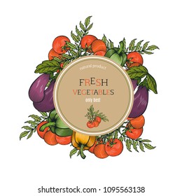 Vector label with vegetables. Organic food poster frame.Vintage retro food images. Farmers market menu design.  