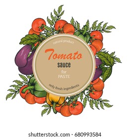 Vector label with vegetables. Organic food poster frame.Vintage retro food images. Farmers market menu design.  