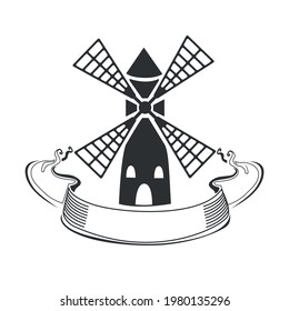 Vector label with vintage windmill and vintage ribbon. Silhouette of ancient architecture