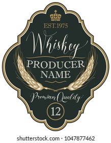 Vector label for whiskey in the figured frame with crown, ears of barley and handwritten inscription on black background in retro style