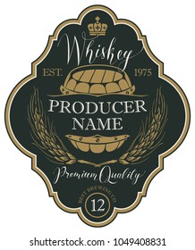 Vector label for whiskey in the figured frame with crown, ears of barley, wooden barrel and handwritten inscription on black background in retro style