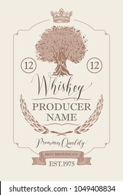 Vector label for whiskey premium quality in the figured frame with oak tree, ears of barley, crown, ribbon and handwritten inscriptions in retro style
