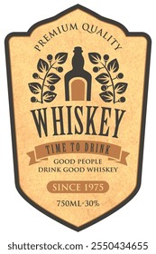 Vector label for Whiskey, and the words Time to drink. A bottle of whiskey and a Laurel wreath on an old paper background in retro style. Good people drink good whiskey.