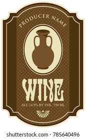 Vector label for wine with clay jug in the notched frame on the checkered background in retro style