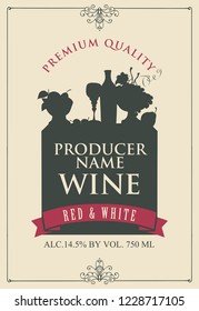 Vector label for wine with the silhouette of a still life from bottle, wine glass and bowl of fruit in frame with curls in retro style