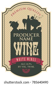 Vector label for wine with the silhouette of a still life from bottle, wine glass and bowl of fruit in curly frame in retro style