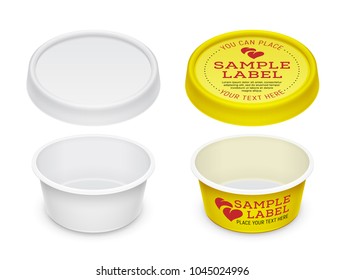 Vector labeled empty open round container for cosmetics cream, butter or margarine spread. Mockup isolated over a white background. Packaging template illustration.