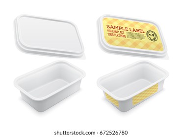 Vector labeled empty square container for butter, melted cheese or margarine spread. Mockup isolated over the white background. Packaging template illustration.